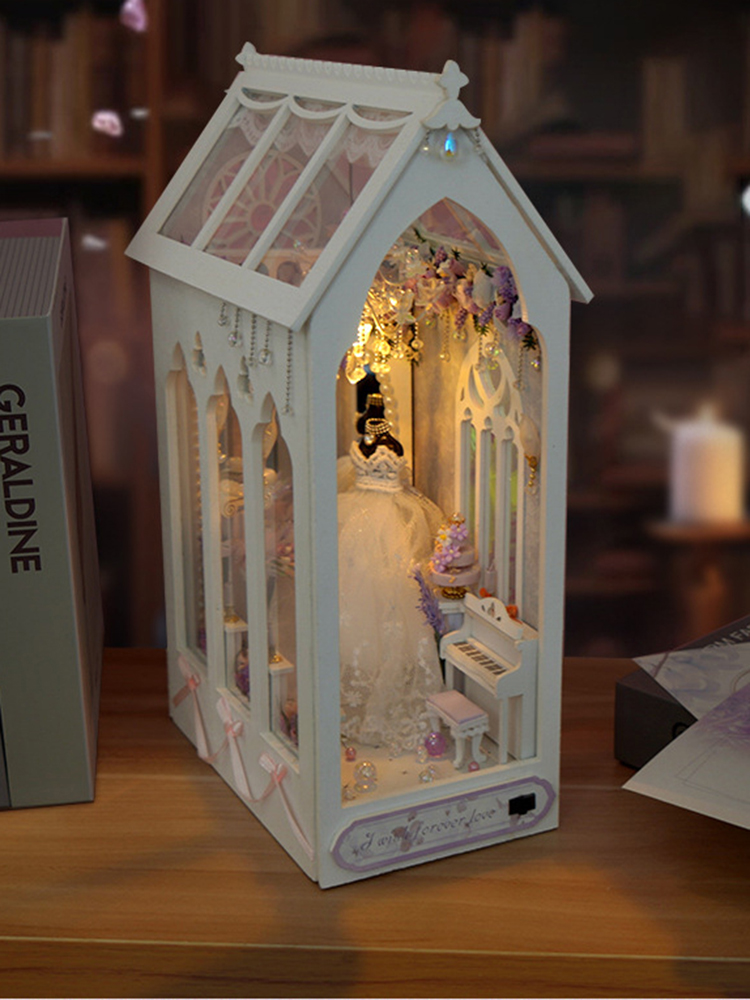 DIY Book Nook Dollhouse Kit, Wooden Miniature Furniture with LED Lights – Bookshelf Insert Toy for Girls' Birthday Gift