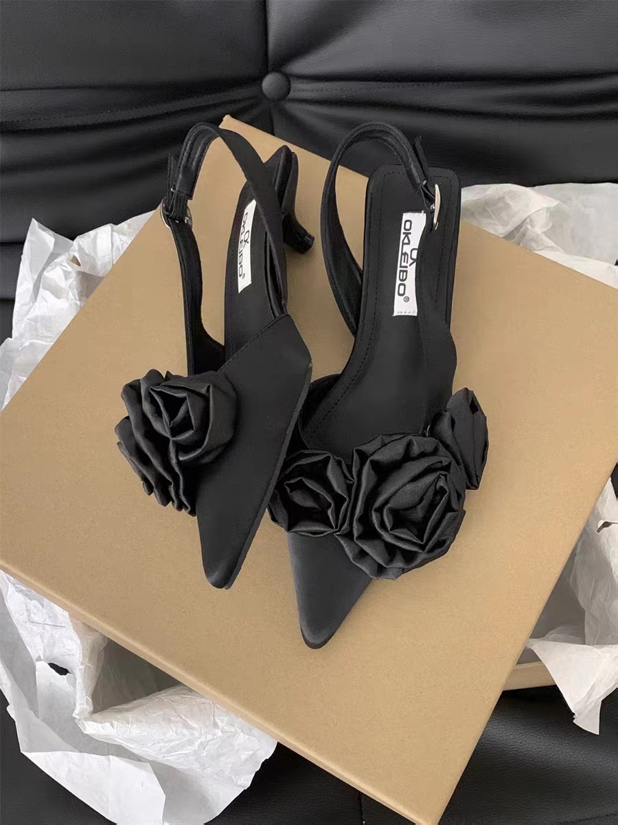Women Sandal, Fashion Flower Slingback Dress Shoes, Thin Low Heel Mules Pumps