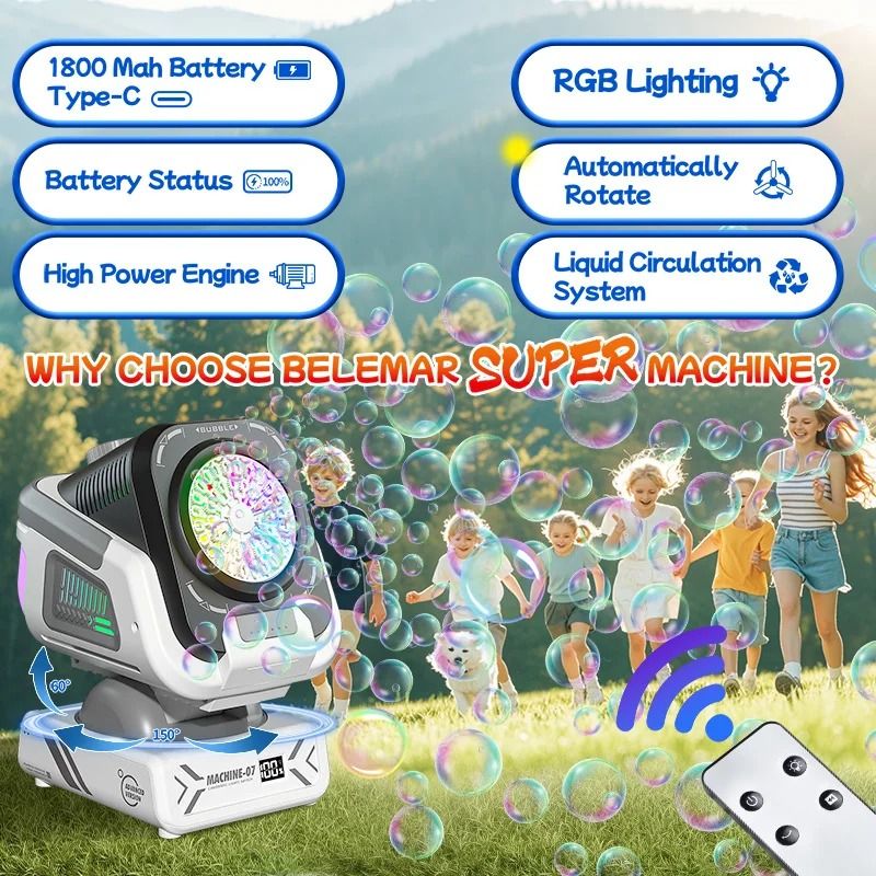 Upgraded Bubble Machine with Remote Control RGB Lights and Rechargeable Battery