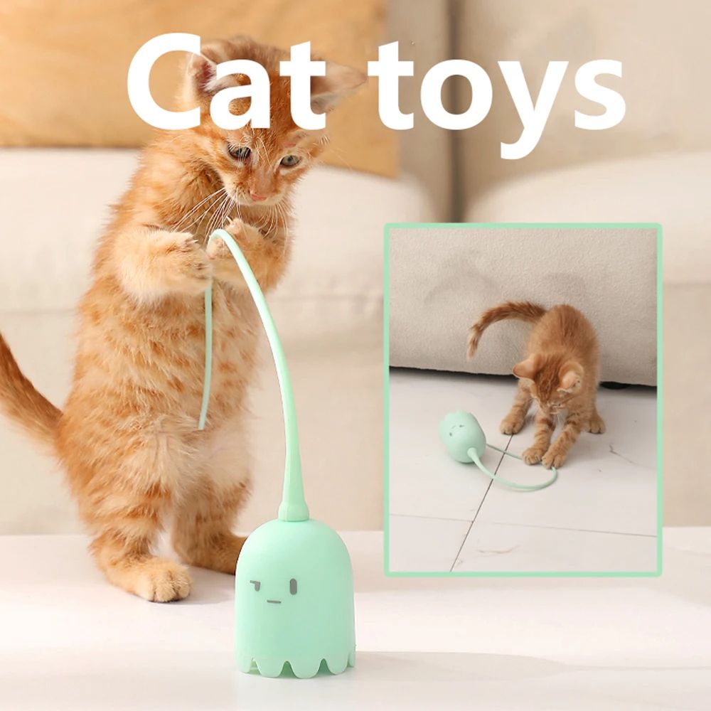 Electric Cat Teasing Stick Intelligent Tail Wagging Cat Toy with Silicone Tail Automatic Rotating Motion, USB Recharge