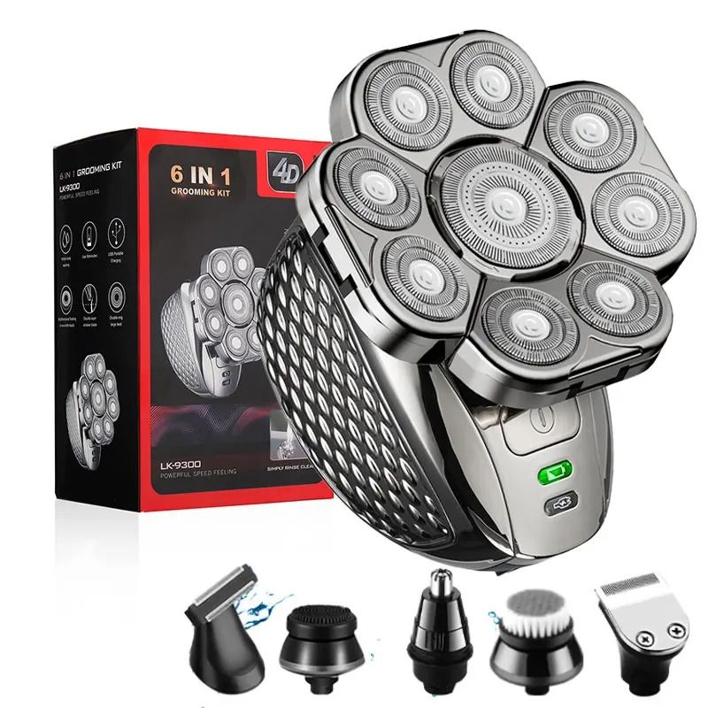 Mens Bald Head Electric Shaver 9 Blade Floating Rechargeable Trimmer with Beard Nose and Ear Attachments