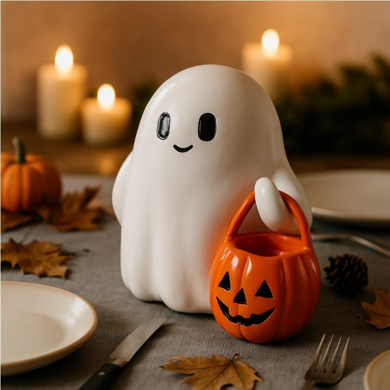 Cute Ghost Statue, Holding Pumpkin Statue, Resin Halloween Home, Decorations for Indoor & Outdoor