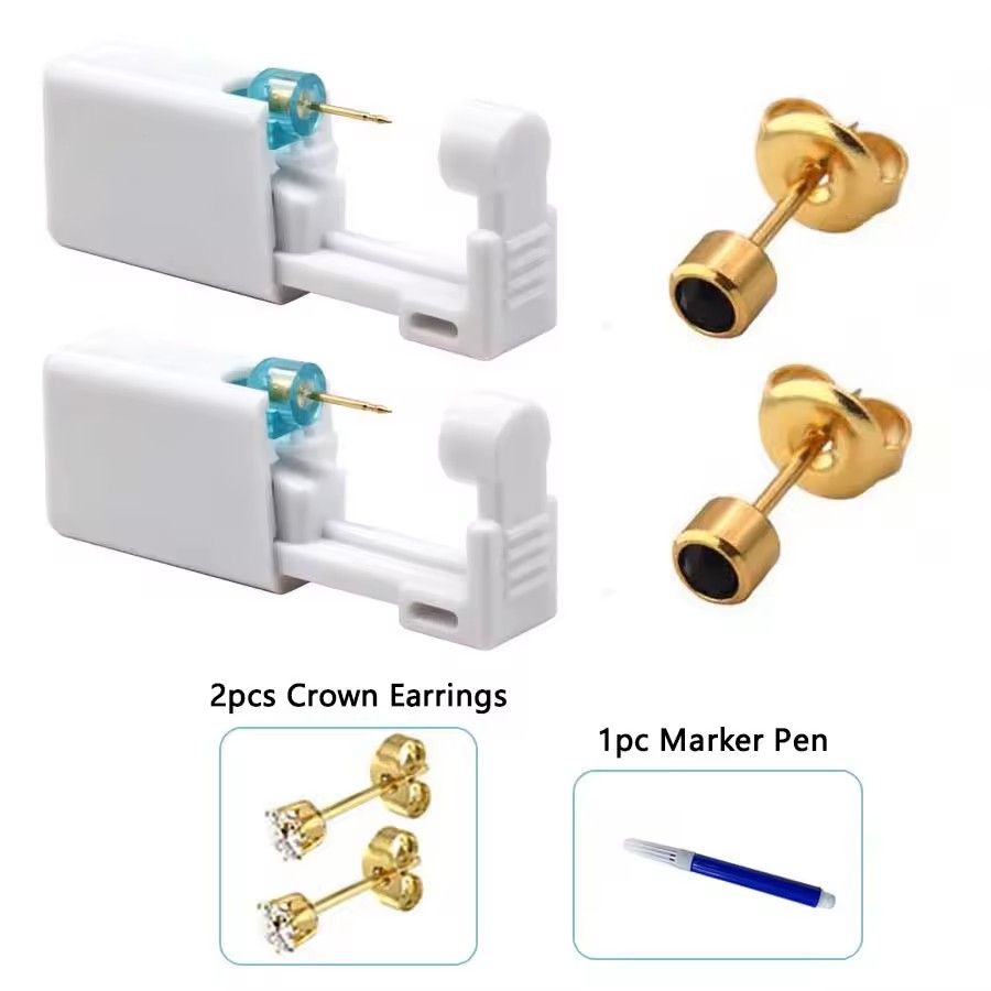 2PCS Disposable Ear Piercing Kit – Built-in Stud Guns + Bonus Cubic Zirconia Earrings | Safe & Easy Home Use Tool