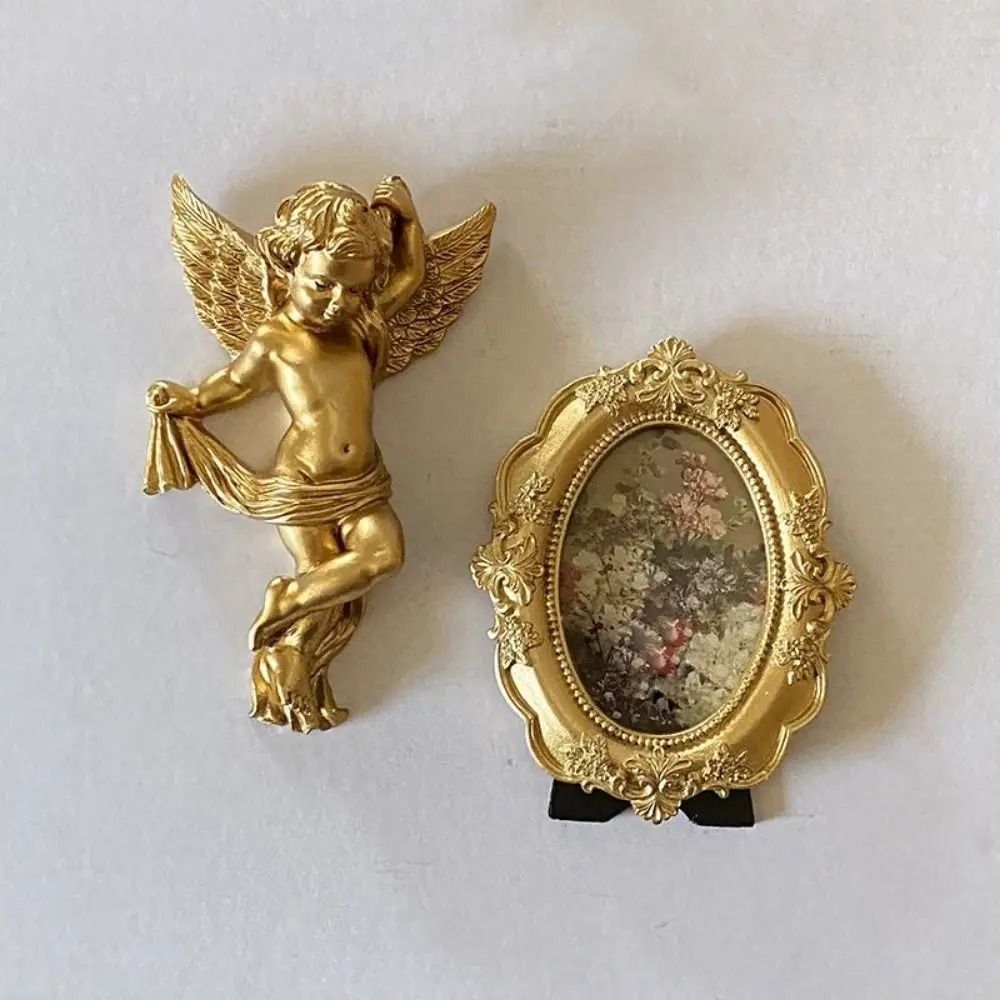 Pair of Exquisite Gold Cherub Angel Statues | Cute Cartoon Wall Hanging Sculptures | Elegant Resin Room Decor