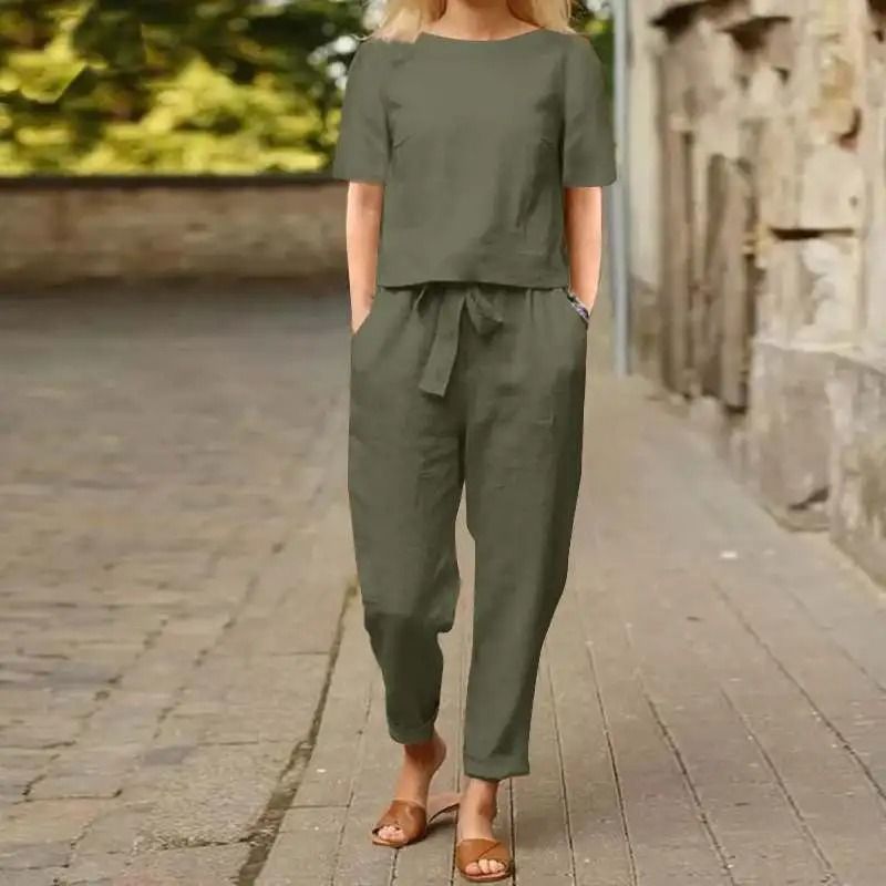 Womens Cotton Linen Matching Suit Lightweight Wide Leg Pants and Tie Waist Top