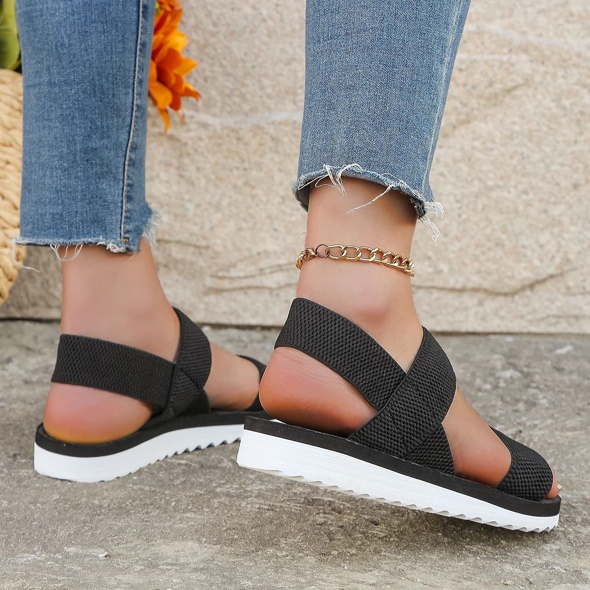 Womens Black Flat Sandals with Anti Slip Shoelace Sole