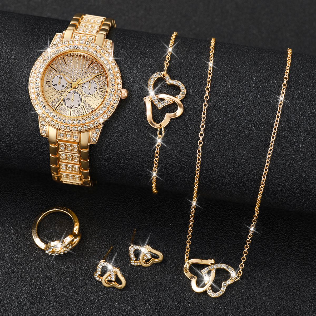 Ladies Fashion Luxury Three Eyes Dial Wristwatch, Full Diamond Alloy Strap with Heart Jewelry Set