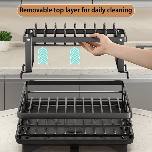 Double Tier Extendable Dish Drainer Large Capacity Adjustable Kitchen Countertop Rack