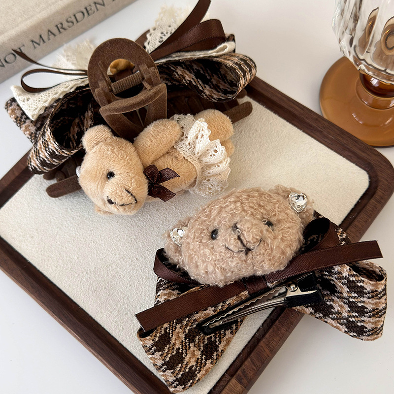 New autumn and winter checkered bow headband, cartoon fabric teddy bear clip hair clip, shark clip hair clip