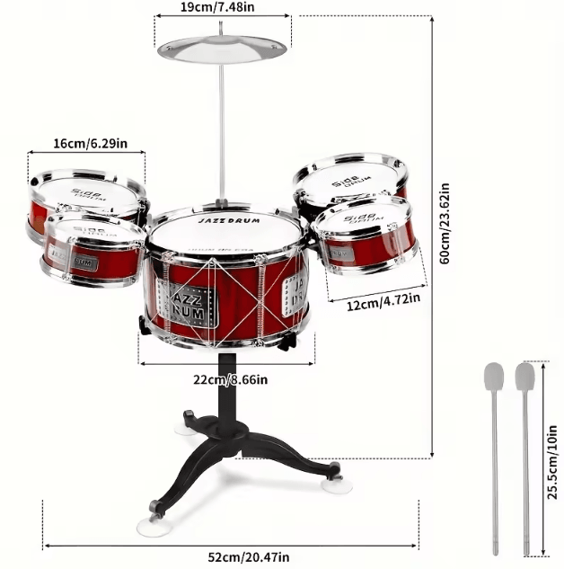 Kids Jazz Drum Set with Stool & Pedal 5 Drum Musical Instrument Kit for Toddlers