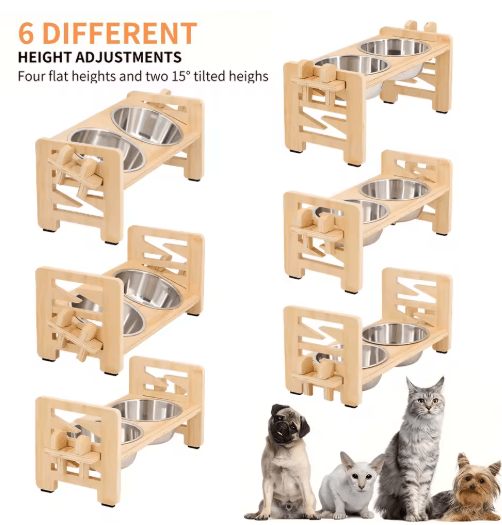 Elevated Adjustable Pet Feeder with Tilted Stainless Steel Bowls