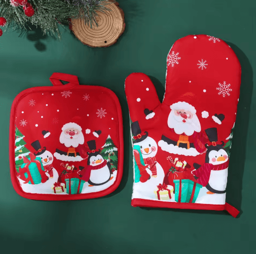 Festive Christmas Oven Gloves Heat Resistant Holiday Kitchen Mitts