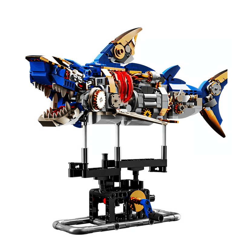 Mechanical Shark Building Set, Shark Sea Life Blocks with Display Stand & Lights