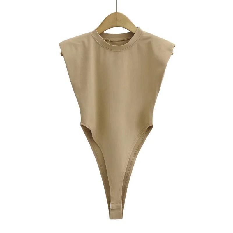 Padded Shoulder Bodysuit Women Summer One Piece Slim Fit Sleeveless Bodycon Top