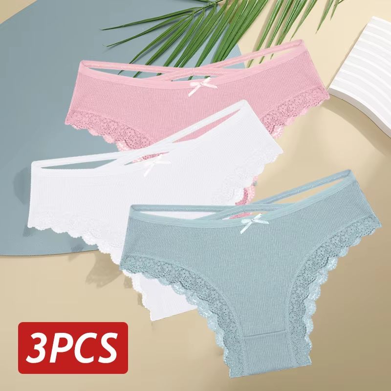 Women's 3-Piece Cotton Low-Rise Lace Brazilian Panties Set Breathable Soft Underwear S-XL