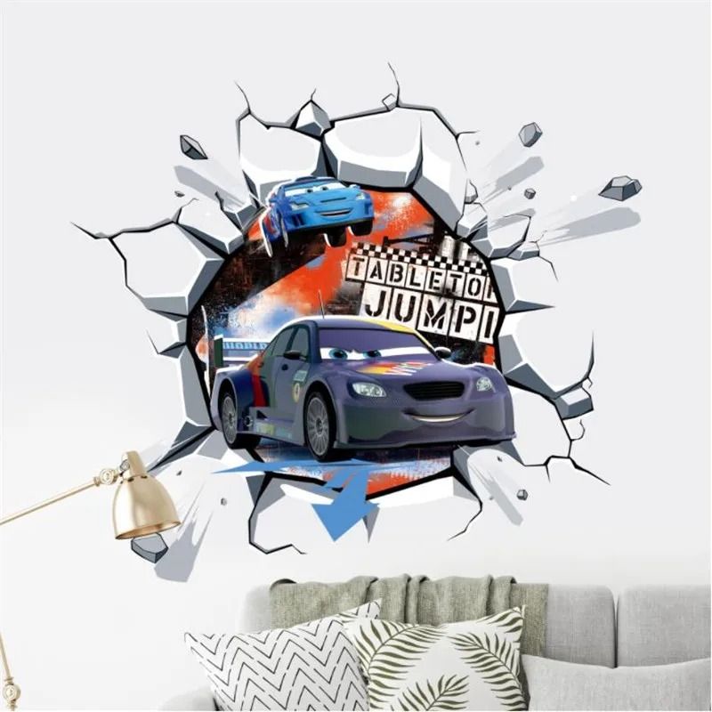 3D Cartoon Cars Breakthrough Wall Decal | Lightning McQueen Racing Mural | High-Fidelity Kid's Room & Playroom Art