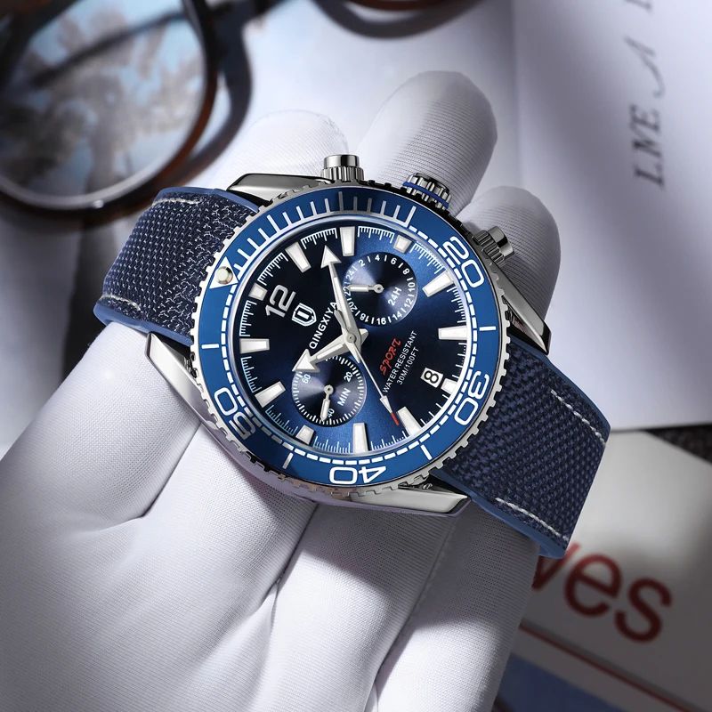 QINGXIYA Luxury Multifunction Chronograph Men's Quartz Watch with Rotatable Bezel