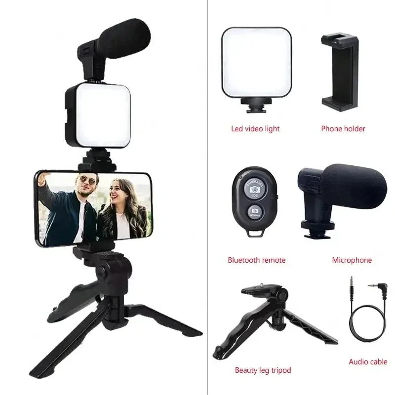 LED Fill Light, Smartphone Vlogging Kit, Tripod, Phone Holder, Mini Microphone, Starter for YouTube TikTok Video