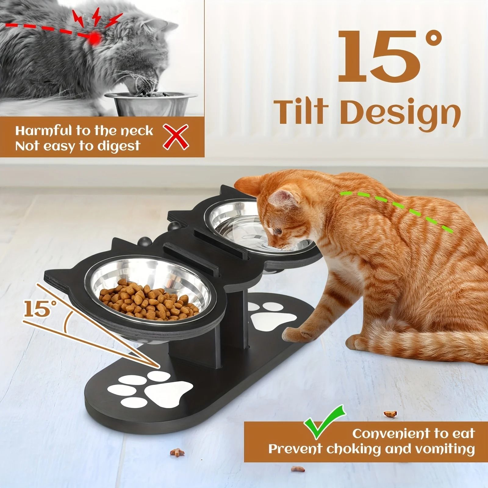 Elevated Tilted Cat Food Bowls with Wooden Stand and Stainless Steel Bowls