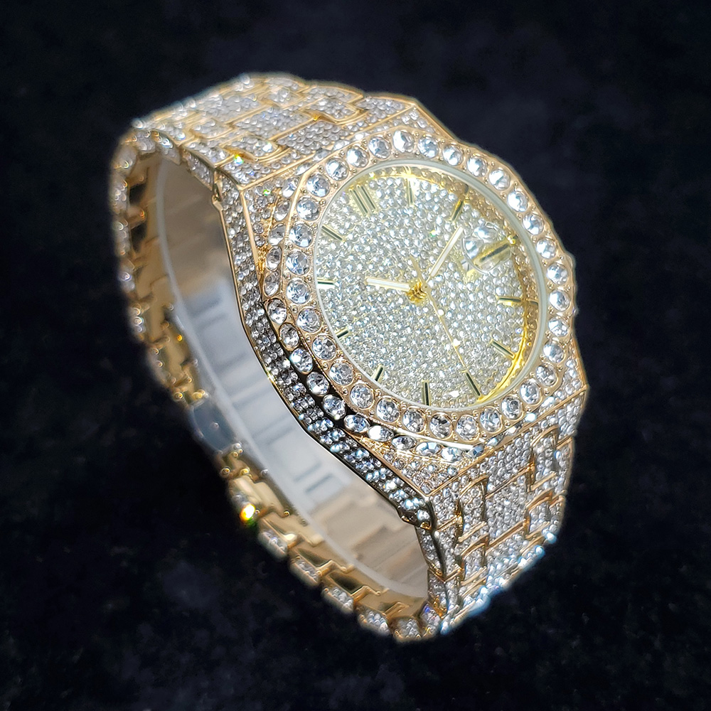 Famous Brand Fashion Iced Out Quartz Wristwatch, Luxury Diamond Gold Watches for Men, Shiny Stainless Steel