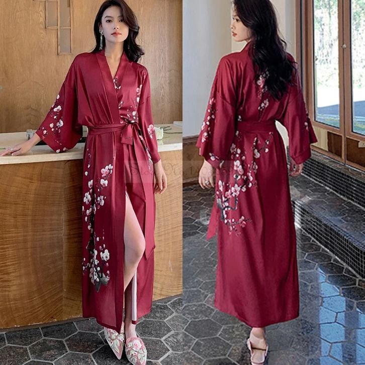 New Spring Summer Female Long Robe Set – Sexy Flower Print Kimono & Silk Satin Casual Lounge Wear