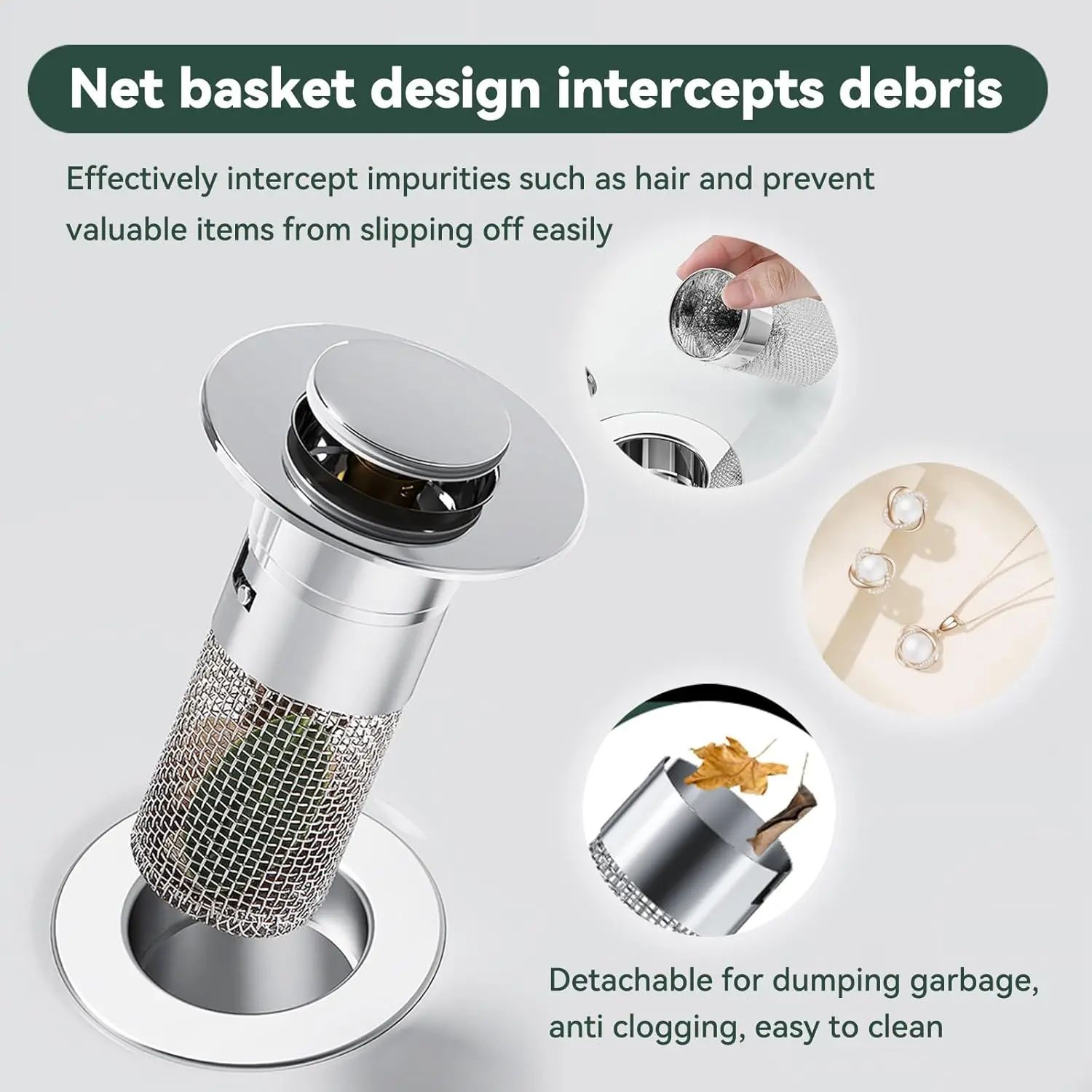 Universal Pop-Up Sink Drain Stopper with Hair Catcher and Anti-Clog Filter