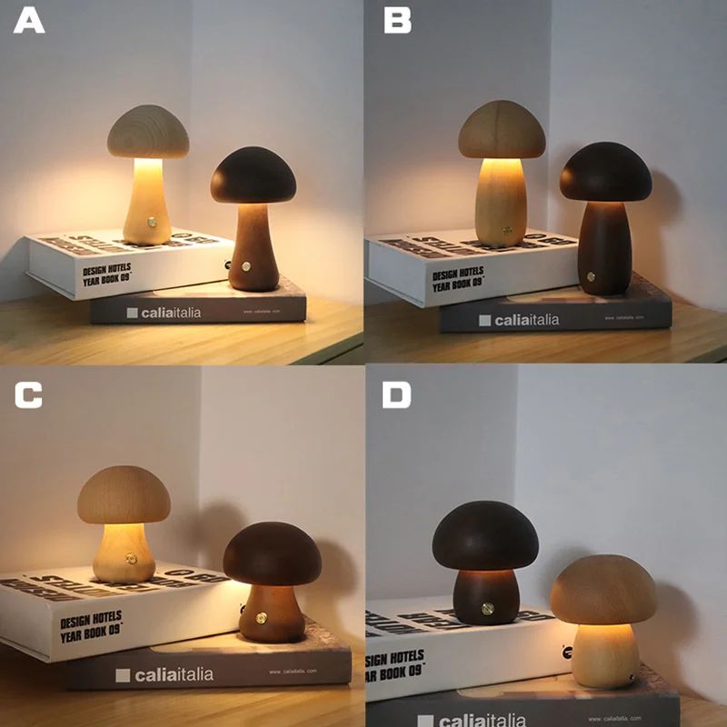 Wooden Mushroom Night Light Touch Control Dimmable Bedside Lamp