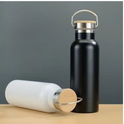 Bamboo Lid Insulated Water Bottle Stainless Steel Travel Thermos
