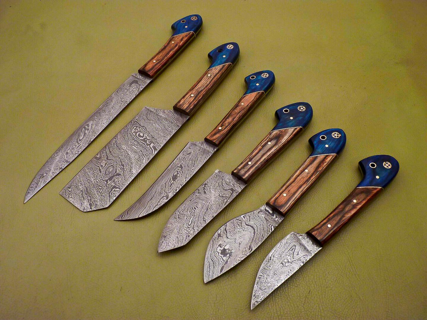 Lot of 6 Custom Damascus Chef Knives – Full Tang Kitchen Set