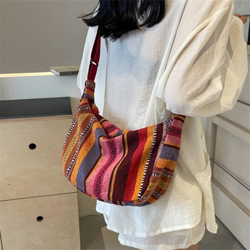 Foldable Crossbody with Zipper Closure, Tribal Style Shoulder Bag, Flag Theme, Striped Pattern, Hand Washable