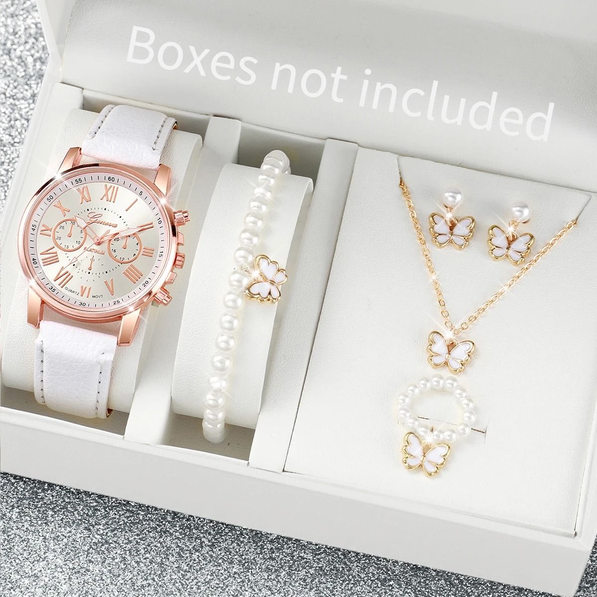 Women Luxury Watch and Jewelry Set Roma Dial Leather Band Quartz