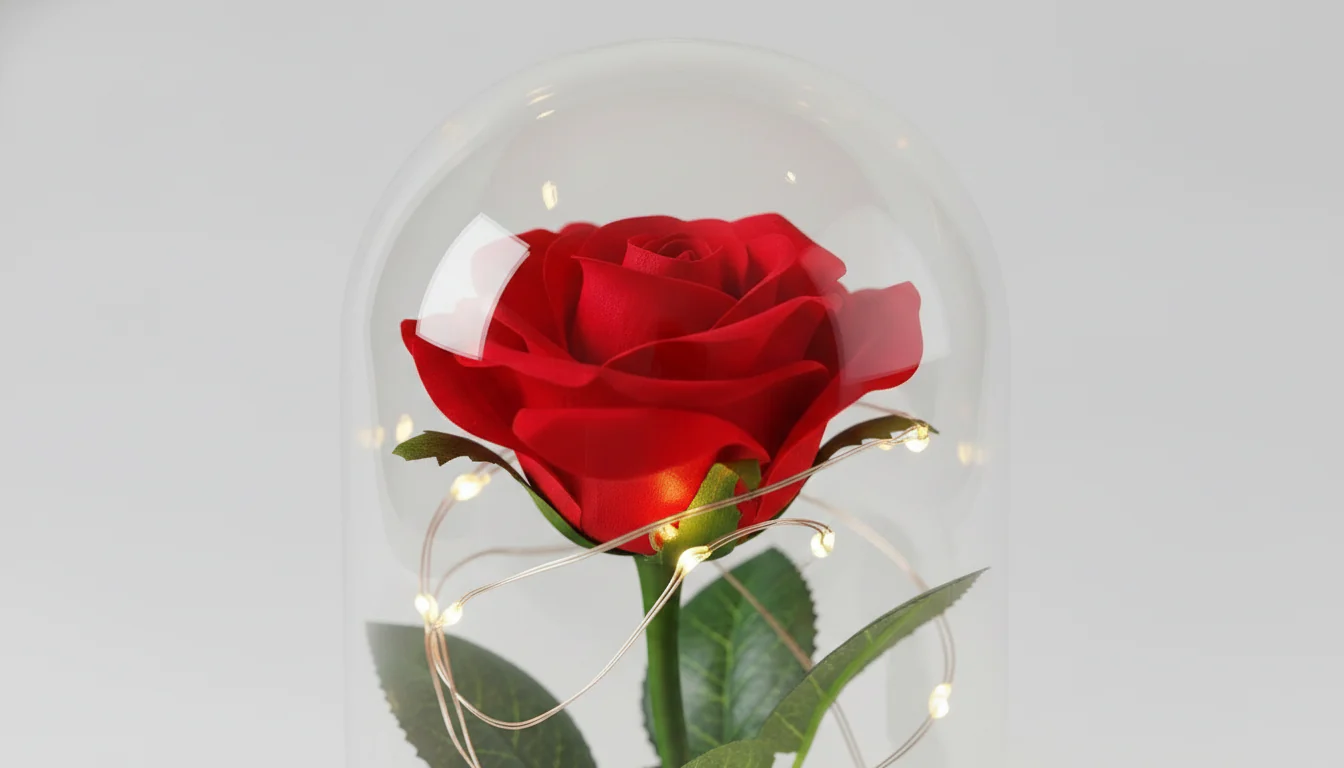 Red Rose in Glass Dome with Wooden Base & LED Lights