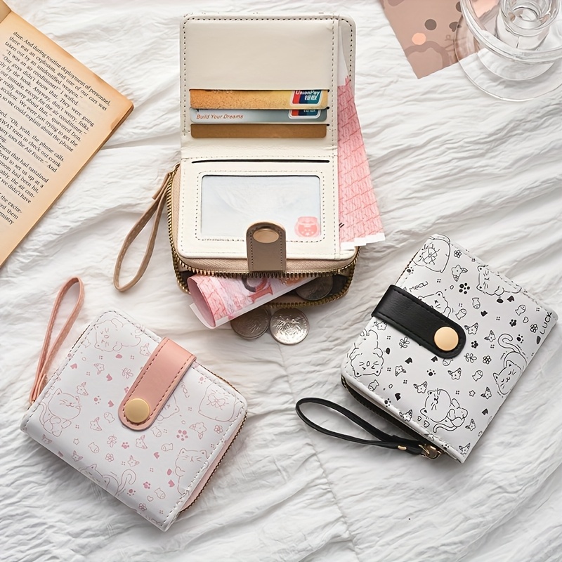 Everyday Playful Cat Mini Wallet Compact Zipper Multi Card Holder with Wrist Strap Lightweight Gift for Women and Tea