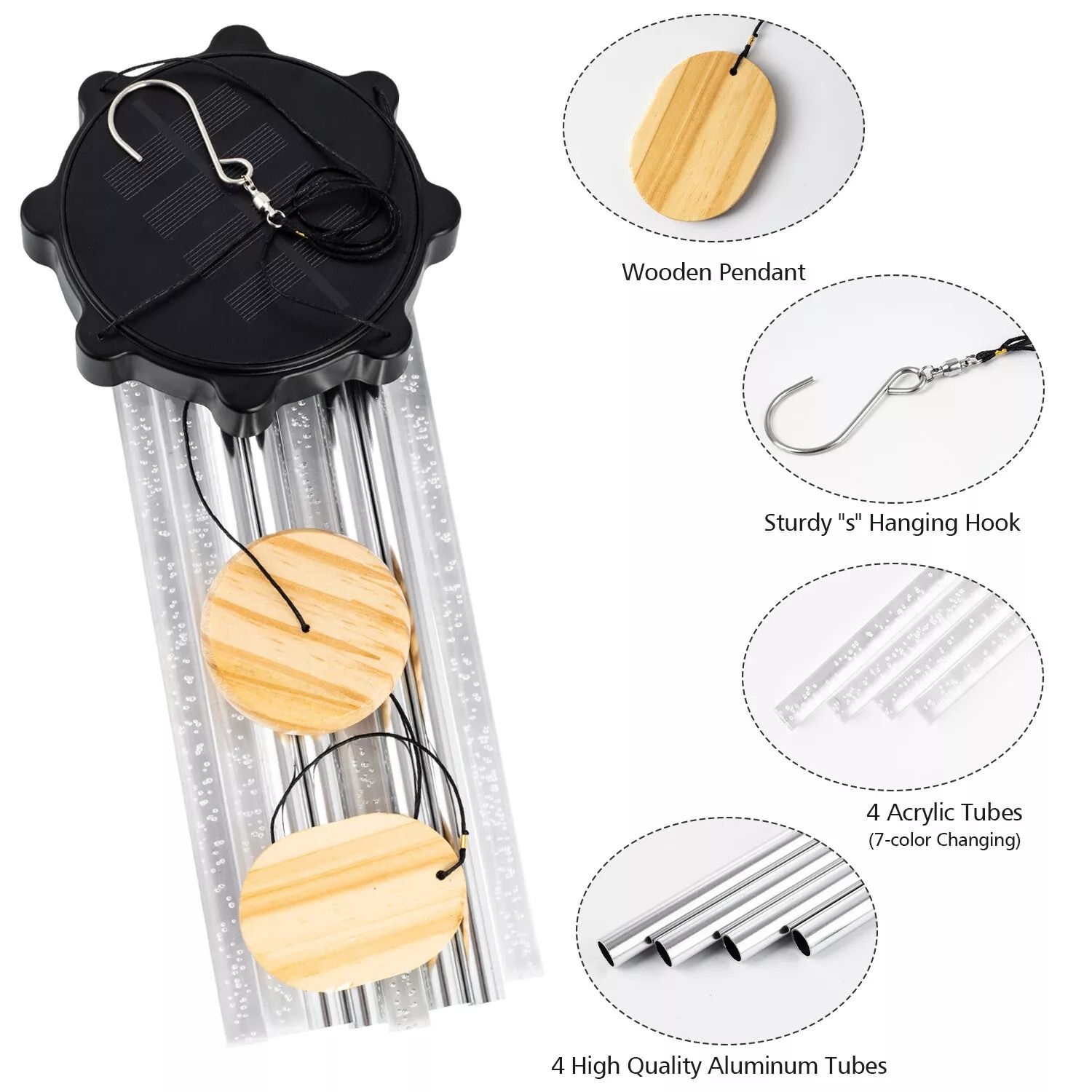 Color Changing Solar Wind Chimes – LED Lights with Large Deep Tone Resonant Bell Tubes for Outdoor Decor