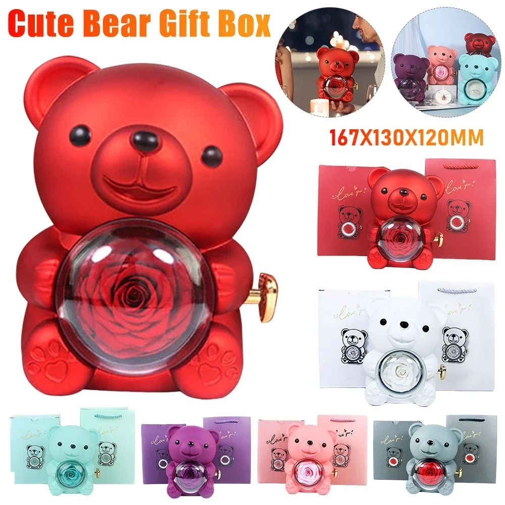 Eternal Rose Bear Jewelry Gift Box Romantic Rotating Rose Case