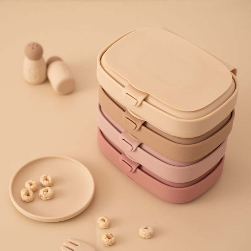 Folding Baby Silicone Food Container, Leak-Proof Toddler Lunch Box, Portable Kid Safe Dining Tableware with Lid Box