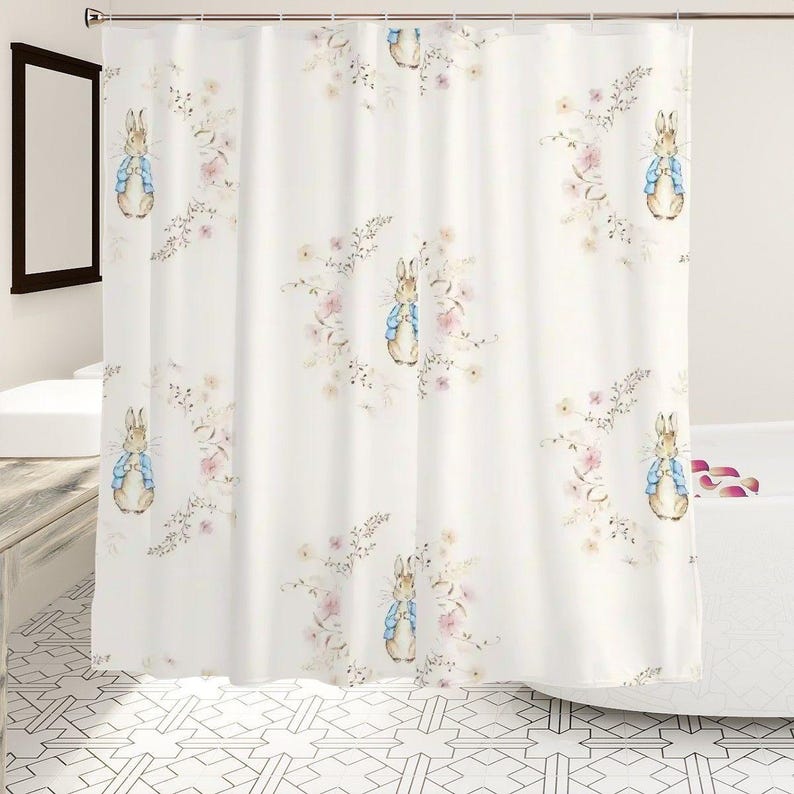 Peter Rabbit Shower Curtain, Kids Bathroom Decor, Girl Shower Curtain, Vintage Floral Bathroom Decor