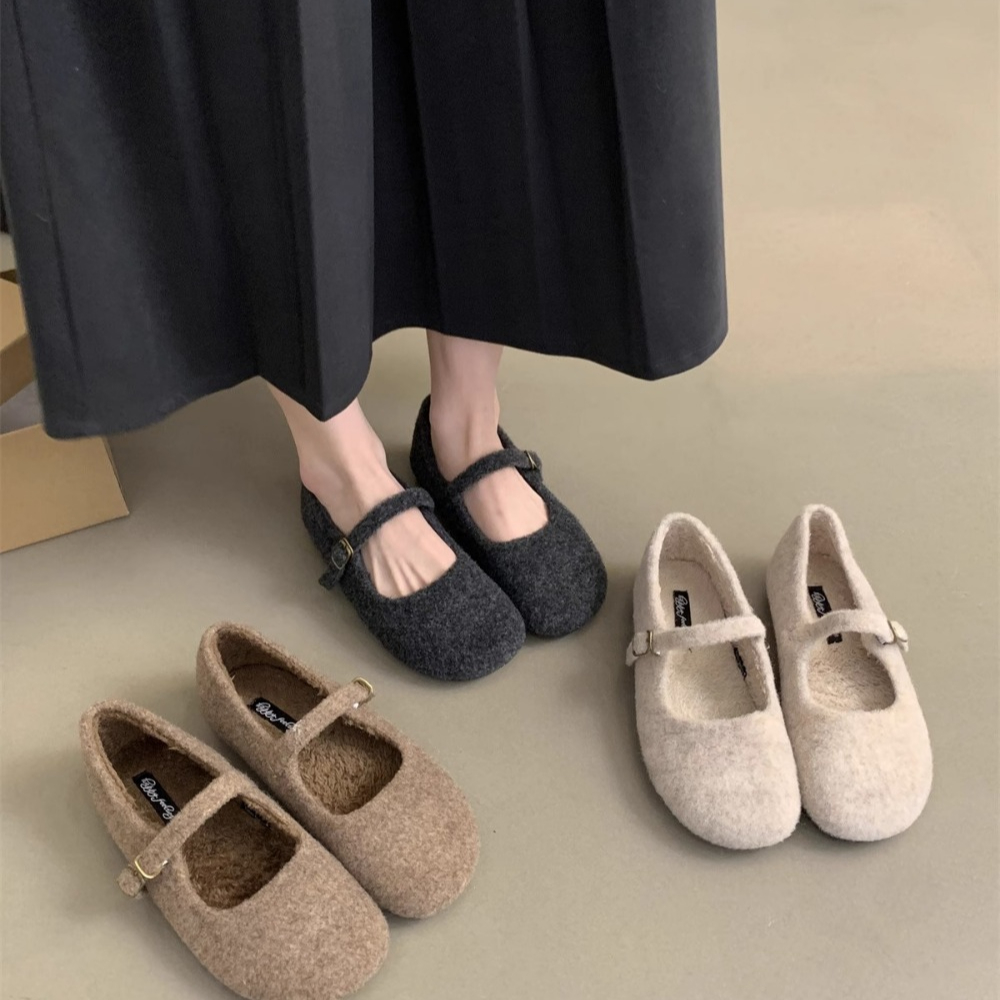 Ladies Wool Mary Jane Shoes, Fashion Square Toe Fleece Ballet Flats, Winter Warm Elegant Plush Loafers for Women