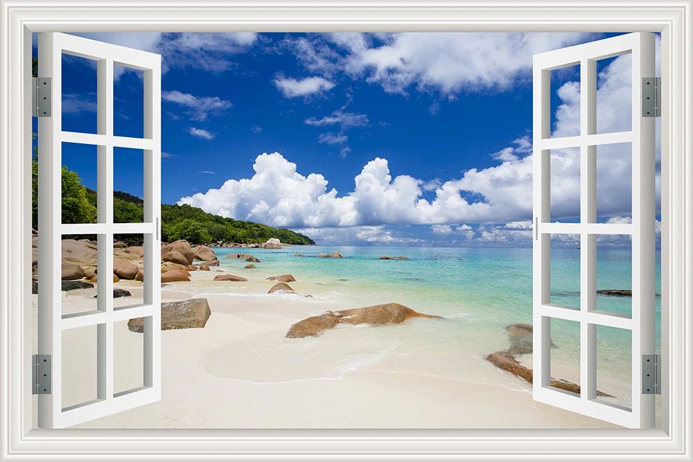 3D Beach Window View Wall Sticker – Ocean Sky Landscape Peel & Stick PVC Wallpaper