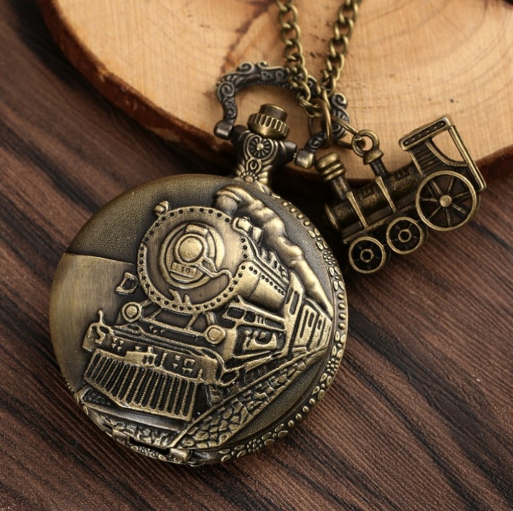 Vintage Classic Steampunk Train Quartz Pocket Watch, Necklace Chain Pendant Souvenir Gift Clock for Men and Kids