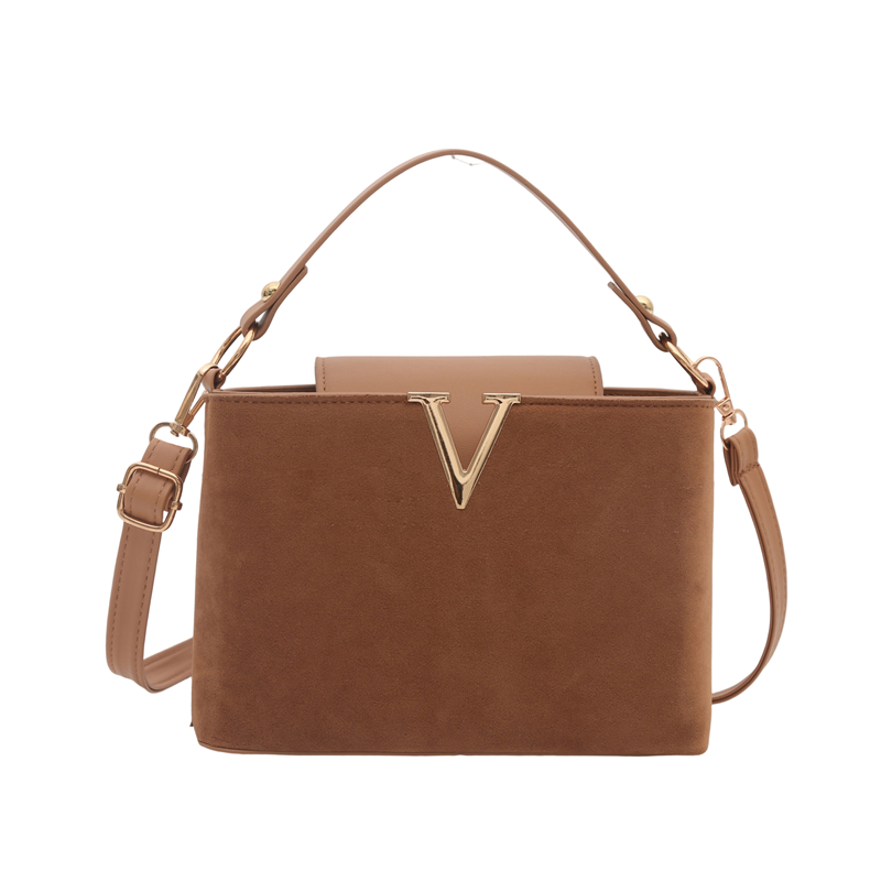 Chic Suede Handbag with V Emblem Elegant and Versatile Top Handle Bag