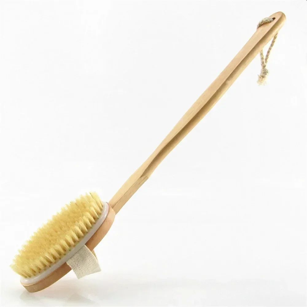 PureGlow Natural Bristle Back Scrubber – Back Scrubber Shower Brush with Detachable Wooden Handle