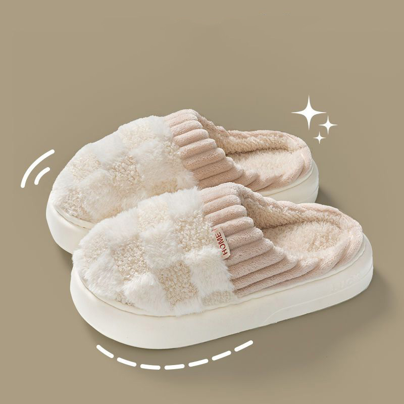 Warm Plaid Fluffy Slippers for Couples, Fashion Winter Slides, Soft Sole Flip Flops for Women