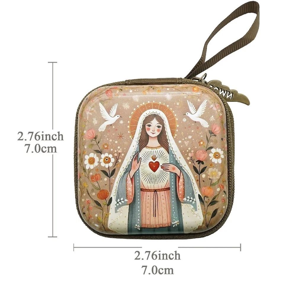 Virgin Mary Prayer Rosary Bag – 2.8 in Zippered Christian Jewelry Box – High-Yield Devotional Interaction Hub