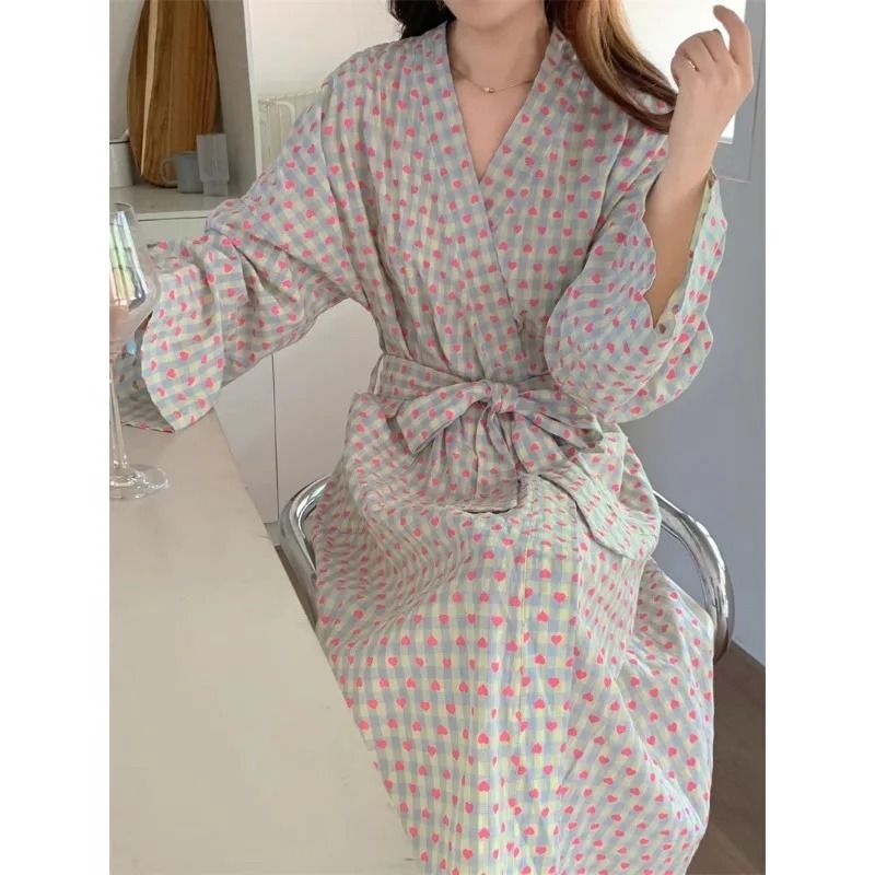 Love Plaid Long Kimono Robe Set – Professional V-Neck Bathrobe & Lace-Up Trousers Nightgown