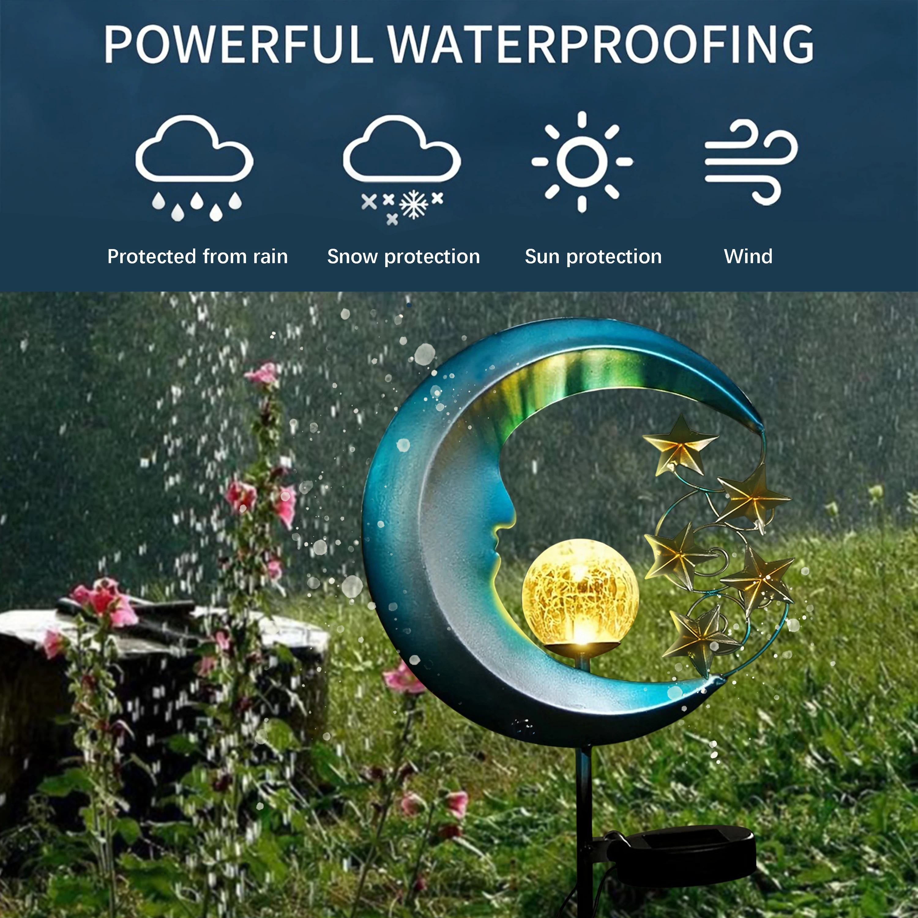 Blue Moon and Stars Solar Garden Light, Celestial Pathway Lamp, Warm White LED, Auto Dusk to Dawn IP65