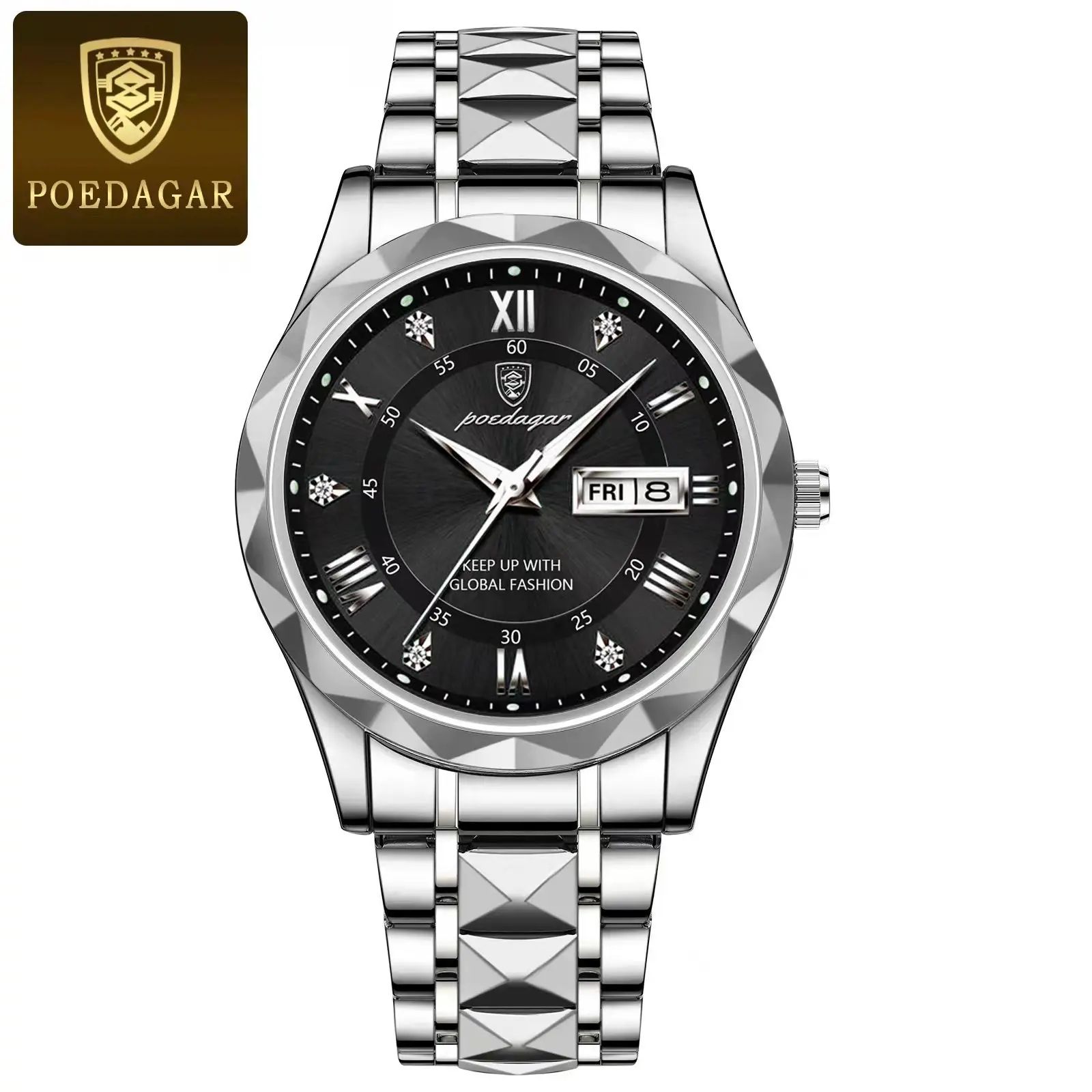 POEDAGAR 615 Luxury Waterproof Stainless Steel Men's Quartz Watch with Luminous Date & Week Display