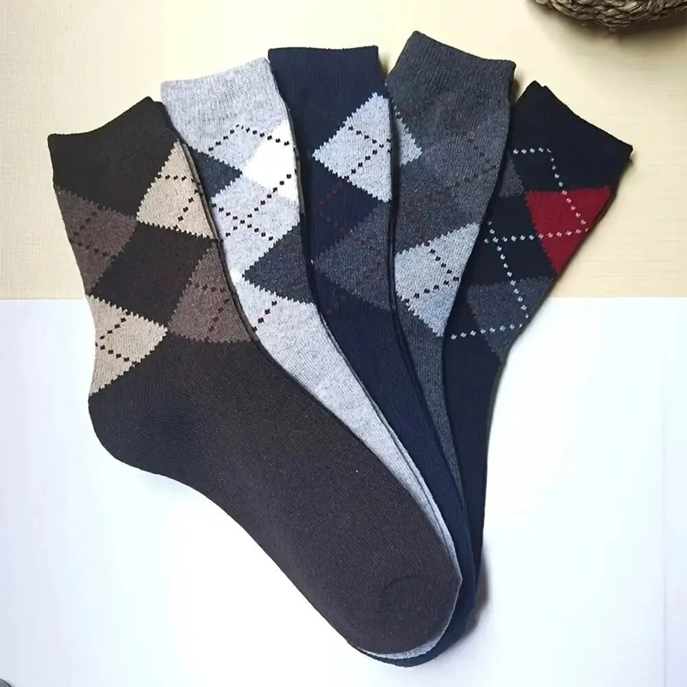 Mens Splicing Diamond Patterns Wool Socks, Warm Winter Mid Length Socks, Thickening Soft Cold-Resistant Men Boot Socks