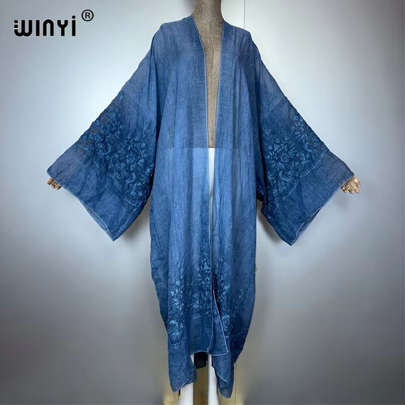 Hand-Dyed Embroidered Beach Kimono Maxi Cover Up