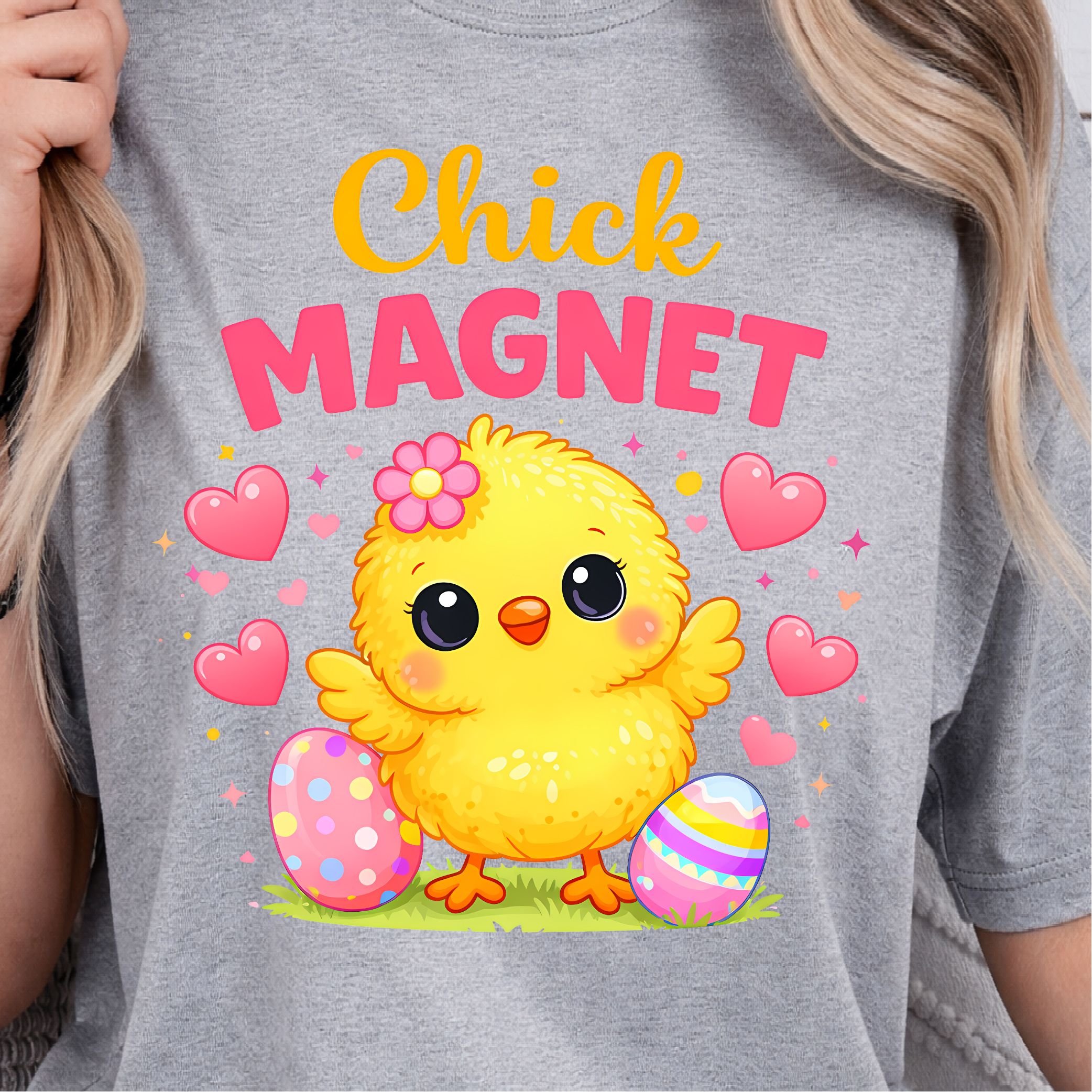 Chick Magnet Easter Shirt – Cute Chick with Easter Eggs and Hearts Spring Tee